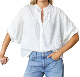 Mandarin Collar Top - French Knot Floral Ivory