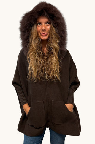 Brown Fox Trimmed Poncho