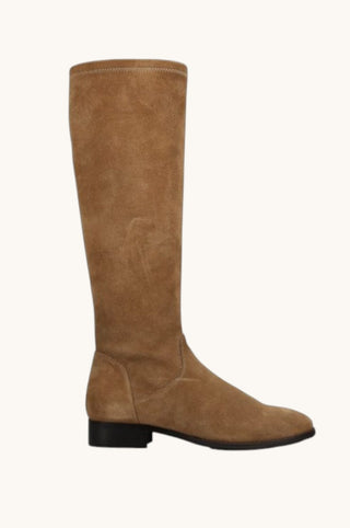 A knee-high suede boot in a warm tan-brown color, shown from a side profile against a solid off-white background.