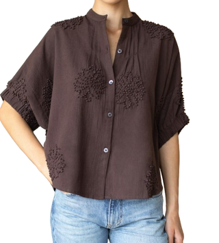 Mandarin Collar Top - French Knot Floral