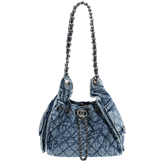 Quilted Denim Drawstring Bag, Dark Denim