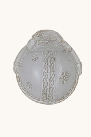 A light gray ceramic Christmas ornament shaped like a round stocking with a Santa figure peeking out from the top, featuring braided trim and snowflake details, set against a plain off-white background.