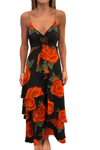Sleeveless Latin Rose Maxi Dress, Black