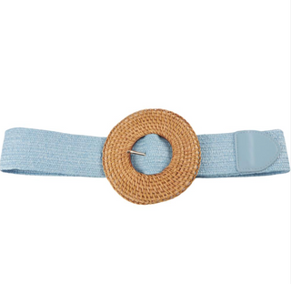 Woven Elastic Belt w Rattan Buckle, Blue
