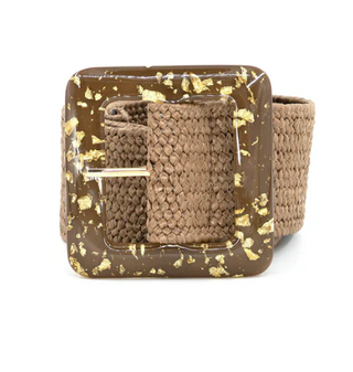 Brown woven belt with a gold speckled buckle