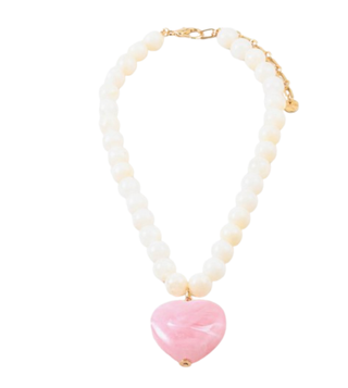 Colorblock Heart Beaded Necklace, Pink White