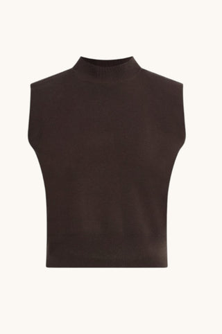 A dark brown sleeveless mock neck knit sweater vest, displayed flat against a light off-white background.