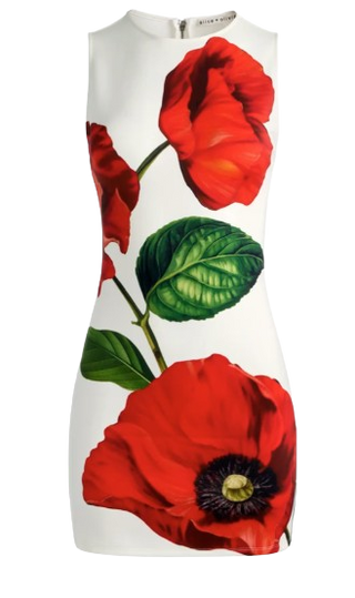 White sleeveless dress with red floral design on a white background
