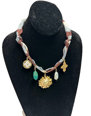 Brown Grey Scarf 5 Charm Scarf Necklace