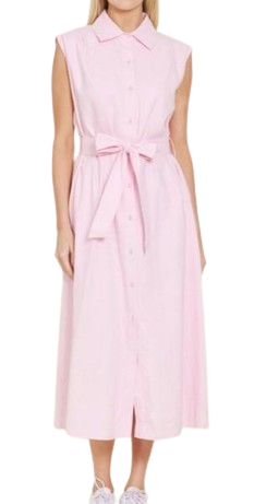 Belted Linen Maxi Dress, Pink