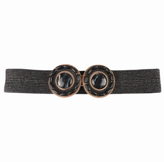 Double Marble Round Shell Buckle Belt, Black