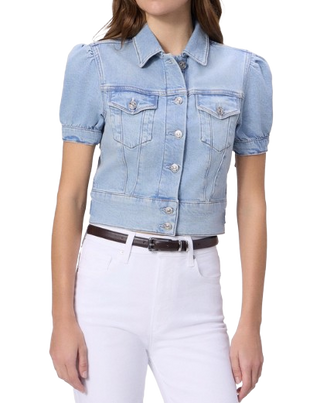 Light blue denim jacket worn by a person on a white background