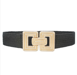 Ribbed Rectangle Buckle Straw Belt, Black