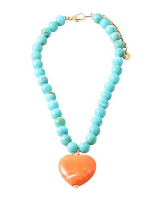 Colorblock Heart Beaded Necklace, Turquoise Orange