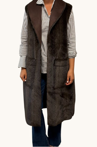 Sleeveless Faux Fur Coat, Chocolate