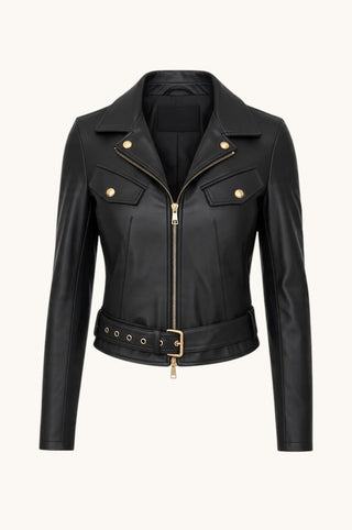 Belted Leather Jacket, Black