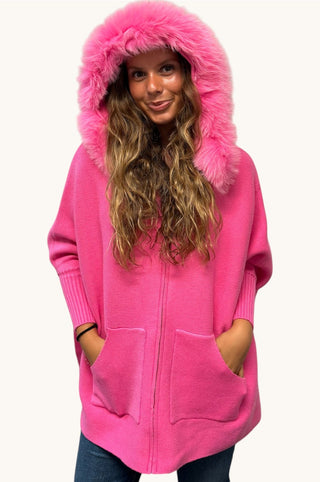 Hot Pink Fox Trimmed Poncho