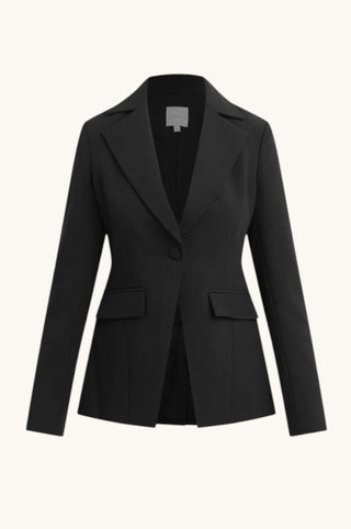A black tailored blazer with notched lapels, a single front button, and flap pockets, shown on a plain light background.