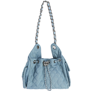 Quilted Denim Drawstring Bag, Light Denim