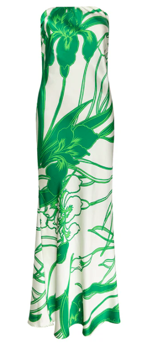 Green floral patterned dress on a white background