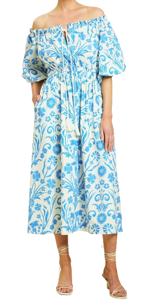 Woman wearing a blue floral off-shoulder dress on a white background