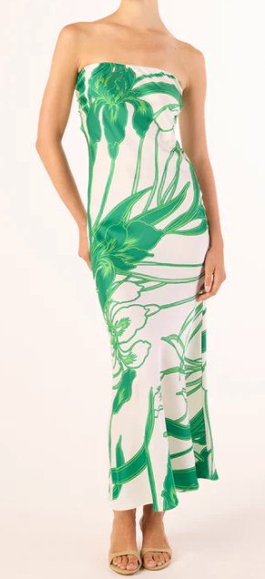 Silk Green Floral Strapless Dress