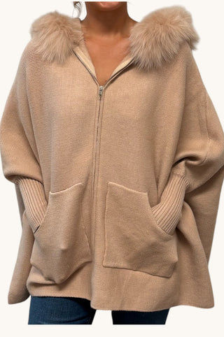 Camel Fox Trimmed Poncho
