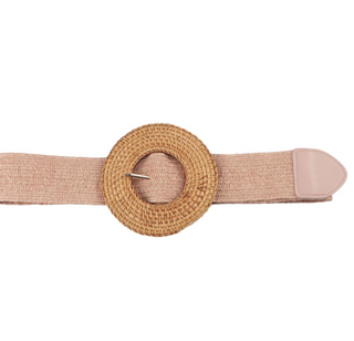 Woven Elastic Belt w Rattan Buckle, Pink