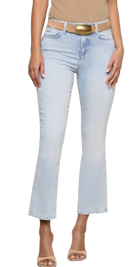 Light blue jeans worn by a person on a white background