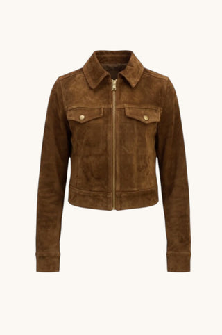 A cropped brown suede jacket with a front zipper, two buttoned flap chest pockets, and ribbed cuffs and hem, shown on a plain light background.