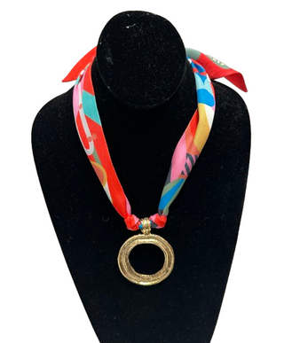 Circle Charm Scarf Necklace, Pink Red